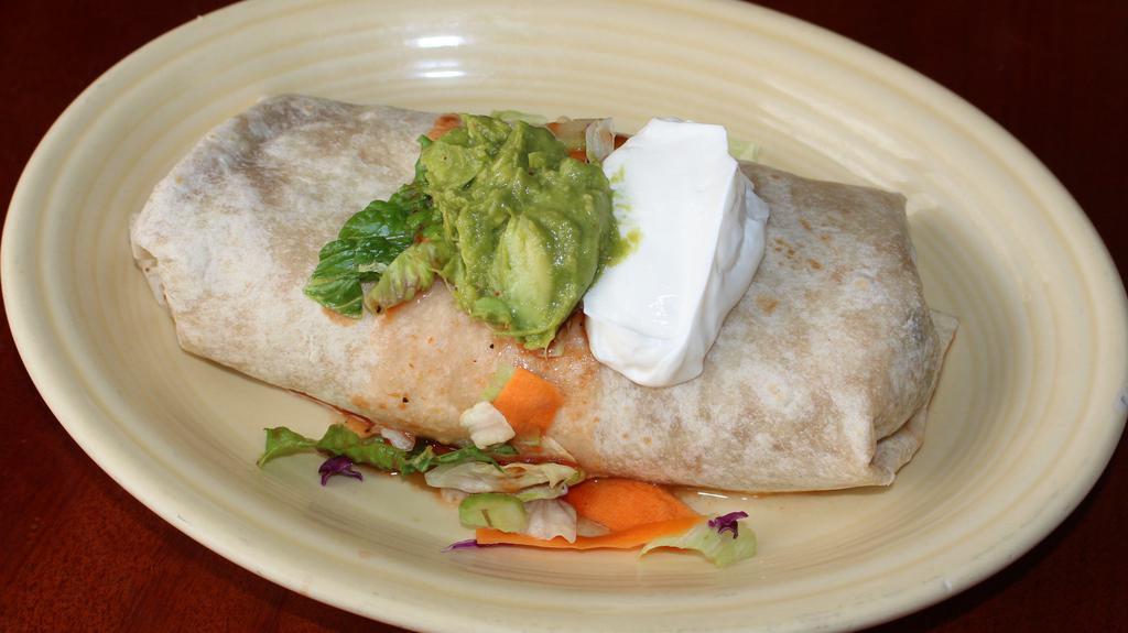 Burrito “El Grande” · Flour tortilla stuffed with your choice of meat, rice, & beans. With sour cream & guacamole on the side.