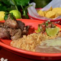 Carnitas “Jaliciences” · Served with rice, refried beans, pico de gallo, and guacamole.