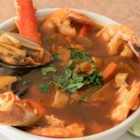 Caldo 7 Mares (7 Seas Soup) · Crab legs, shrimp, clams, octopus, calamari, and scallops with vegetables in our special ing...