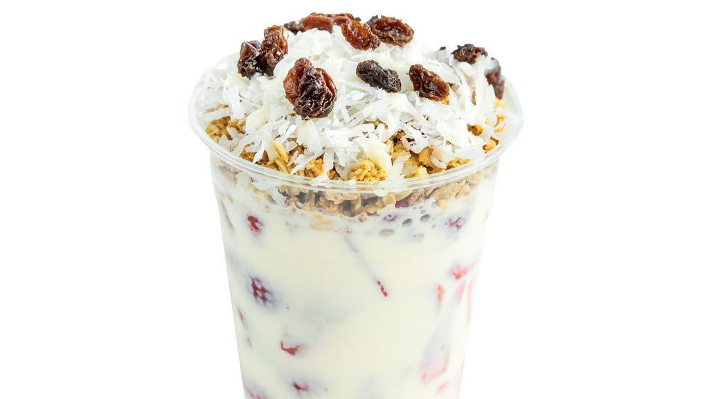 Strawberries N' Cream/fresas Con Crema · Sliced strawberries and cream topped with granola, shredded coconut, lechera (condensed milk), raisins and four halved strawberries.