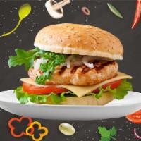 Beyond Grilled Chicken Burger  · Grilled chicken, mayo, mustard, lettuce, tomato, onion, and American cheese.