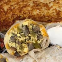 1 Choice of Meat Burrito · Three eggs with mixed cheese, mild green chilies and sides.
