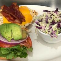 Page's Chicken Sandwich · Grilled chicken breast, bacon, avocado, mayo, tomato, lettuce, onion and pickles served on g...