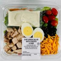 Chef Salad 16.75 oz. · Valley Spring Mix Salad with Grilled White Chicken Meat, Egg, Tomatoes, Ham, Cheddar Cheese ...