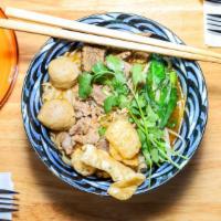 Beef Noodle Soup · Thin rice noodles, thin-sliced beef, slow-cooked beef, beef balls, crispy pork skin, Chinese...