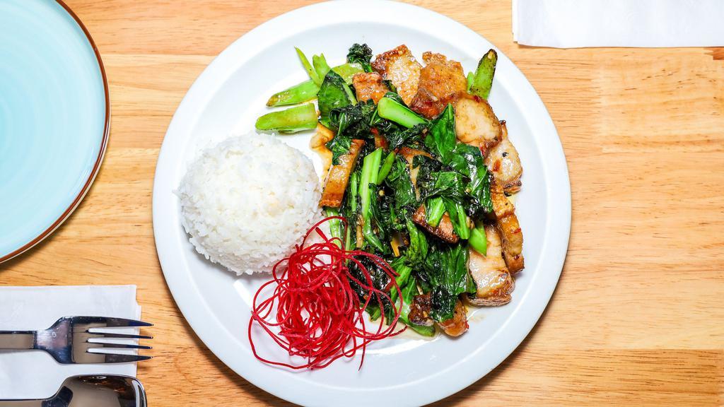Chinese Broccoli · Oyster sauce sauté in with a choice of protein and Chinese broccoli. Recommended with crispy pork belly.