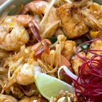 Pad Thai · Thin rice noodles stir-fried with a tangy tamarind sauce, choice of protein, egg, fried tofu...