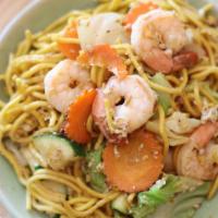 Garlic Noodle · Spaghetti stir-fried with garlic sauce and sesame oil, choice of protein, carrots, zucchini,...