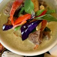 Oh! Beef Curry · Rich, creamy, and savory. Slow-cooked beef in green curry, eggplant, bell peppers, green bea...