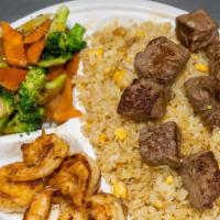 Steak & Shrimp · Served with  Egg Fried Rice, Vegetables (broccoli, onion, carrot) and  with ONE yum yum sauce.