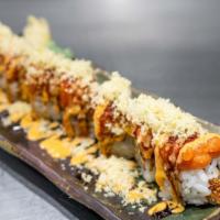 American Dream · Shrimp tempura, avocado, spicy tuna on the top with crunch, spicy mayo, and eel sauce, with ...