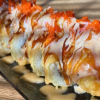 Crazy Tuna Roll · Deep-fried spicy tuna, cream cheese roll topped with Kani and fish eggs.