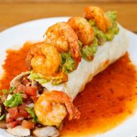 El Presidente Burrito · Chicken, shrimp, beans, rice, lettuce, salsa, pico de Gallo and salsa on the bottom