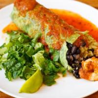 Chipotle Shrimp Burrito · Shrimp, salsa, black beans, rice, and salsa ranchera on top