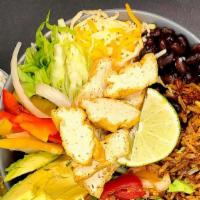 “The Penthouse” Chicken Burrito Bowl · Grilled Chicken, Spanish Rice, Beans, Cheese, Lettuce, Salsa.