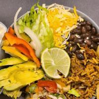 “The Garden” Veggie Burrito Bowl · Nopales & Seasonal Veggies, Spanish Rice, Beans, Cheese, Lettuce, Salsa.