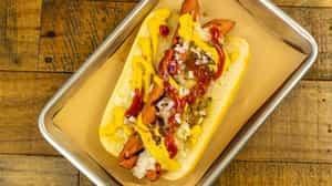 Rainbow Dog · mustard, ketchup, onions, relish, and sauerkraut