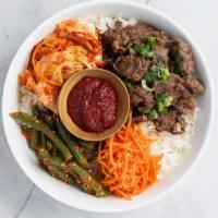 Korean Steak Bowl · Ribeye cut premium beef served with your choice of rice and 3 banchans. Contains gluten, ses...