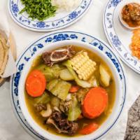 Caldo de Res · 32 ounce hearty soup made with beef shank with bone, pieces of potatoes, carrots, chayote, c...