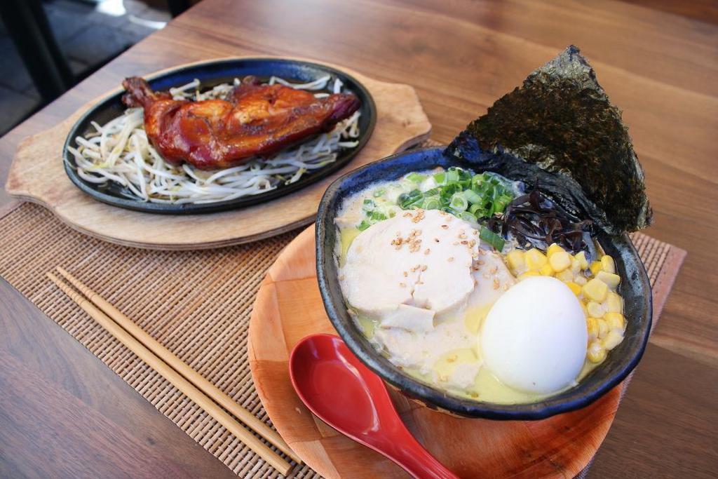 Chicken Paitan DX ( Limited 15 order) · Chicken Ramen with Rich White “Paitan” Broth Regular toppings (chashu chicken breast, seasoned soft boiled egg, green onions, kikurage mushrooms, bean sprouts) & grilled chicken leg on a sizzling plate, sweet corn, and nori seaweed*.