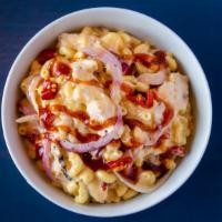 Bbq Mac & Cheese · Grilled chicken, cheddar, red onions, sweet tangy house-made bbq glaze, calabrian peppers on...