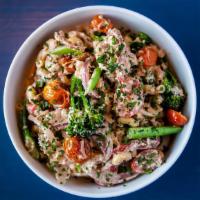 Creamy Vegan Mac · Toasted walnut ‘cream’ sauce, broccolini, roasted grape tomatoes, roasted red bell peppers, ...