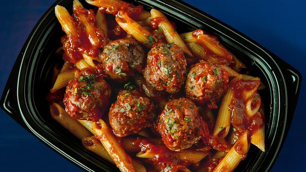 Italian Meatball Bowl · Beef, veal, pork & ricotta meatballs tossed with chunky Italian marinara sauce, served with penne pasta.