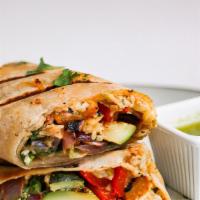 Grilled Vegetables Burrito · Mushrooms, red and green bell peppers, onions, rice, beans, lettuce and salsa.