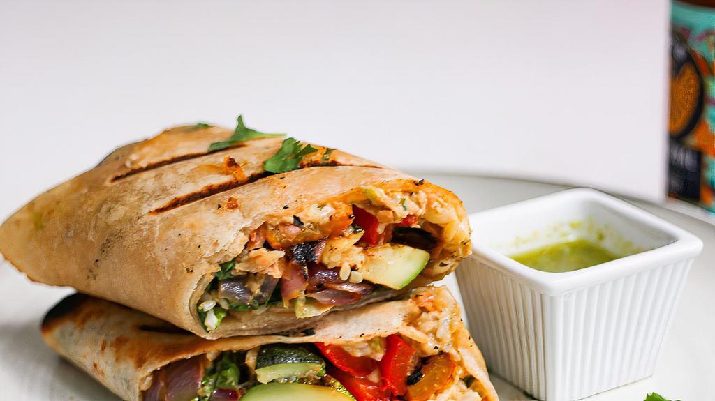 Grilled Vegetables Burrito · Mushrooms, red and green bell peppers, onions, rice, beans, lettuce and salsa.