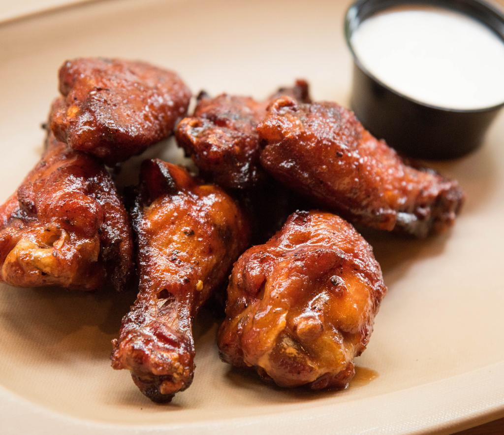 6 Smoked Wings · jumbo wings served naked (dry rub only) . or tossed in your choice of bbq sauce - served with ranch or blue cheese