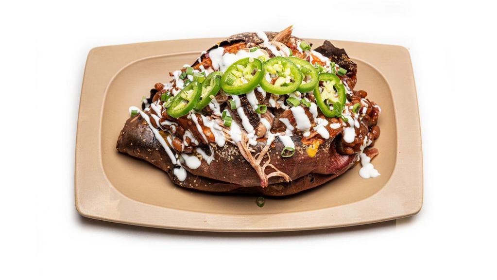 Loaded Jumbo Sweet Potater - Brisket · sweet potato with your choice of . meat, melted pepper jack and. sharp cheddar, smokey baked beans, . chopped bacon, sour cream, . fresh jalapeno and green onion
