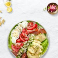 Call A Cobb Salad · (Vegetarian) Romaine hearts, blue cheese, bacon, hard-boiled pastured egg, avocado, and toma...