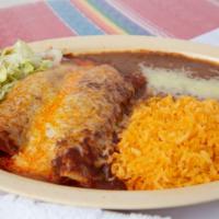 Red Enchiladas · Served with rice and beans.