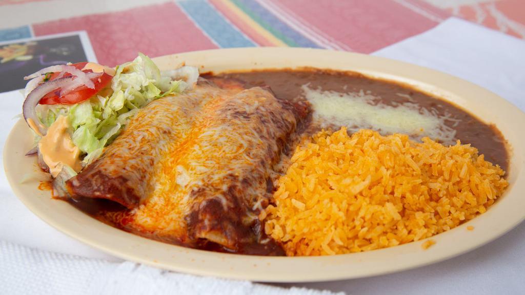 Red Enchiladas · Served with rice and beans.