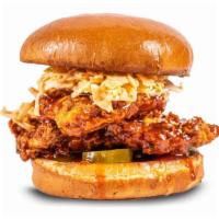 Angry Chick Sandwich · angry sauce, toasted sesame seeds, kimchi slaw, pickled jalapeno