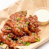 5 Piece Angry Tenders · tossed in korean angry sauce, topped with sesame seeds, green onion - served with pluck sauce