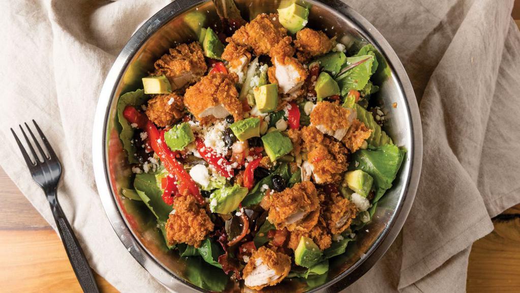 Valley Chick Salad · choice of grilled or fried chicken breast, black beans, roasted corn, roma tomato, avocado, roasted red pepper, queso fresco