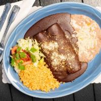 17. Enchiladas en Mole Sauce · Two shredded chicken, ground beef or cheese enchiladas smothered in a rich dark chocolate sa...