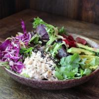 Tuna Tahini Salad · spring salad mix*, wild caught tuna salad, avocado*, pickled beets*, sesame seeds*, cabbage ...