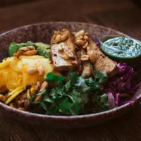 Vegan Power Bowl (GF, V) · Wild rice blend*, 5 spice tofu*, avocado*, turmeric daikon*, maple peanuts*, cabbage slaw*, ...