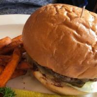 Black & Blue Bison Burger · Half pound of Durham ranch bison and black Angus ground chuck, with point Reyes blue cheese,...