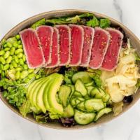 Tataki Salad | Seared Ahi · seared sesame ahi tuna, avocado, marinated cucumber, edamame, pickled ginger, daikon sprouts...