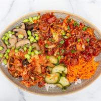 Korean Bibimbap | Korean Poke · regular size, Korean ahi poke, spicy cucumber banchan, kimchi, pickled carrot, shiitake, eda...