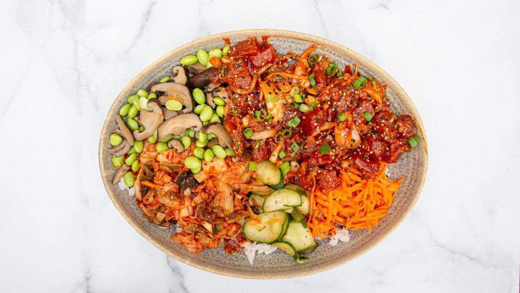 Korean Bibimbap | Korean Poke · regular size, Korean ahi poke, spicy cucumber banchan, kimchi, pickled carrot, shiitake, edamame, sushi rice, gochujang soy-chili sauce, ADD EGG +$2