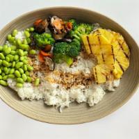 Hawaiian Teriyaki Style · grilled pineapple, stir fry of glazed shiitake mushrooms, broccoli, carrots, edamame, crispy...