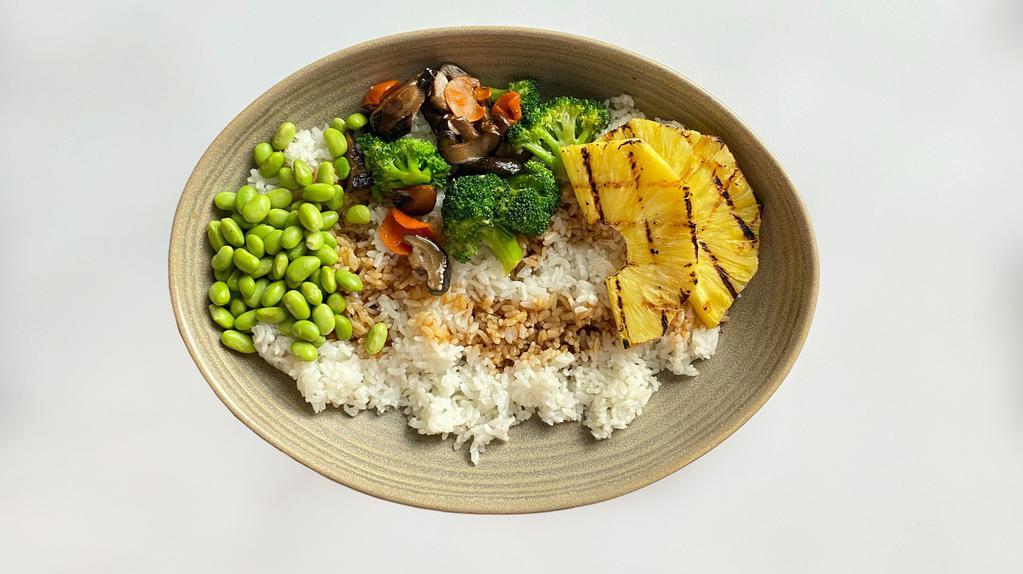 Hawaiian Teriyaki Style · grilled pineapple, stir fry of glazed shiitake mushrooms, broccoli, carrots, edamame, crispy shallots, sesame seeds, teriyaki sauce