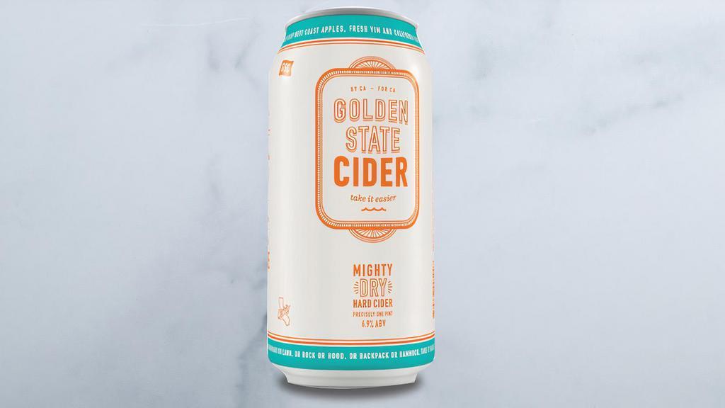 Golden State Cider · 6.30% ABV | Freshly cut apple aromatics balanced with a bright, crisp profile. Fresh pressed apple juice is added back into the cider to emphasize a natural and rounded juiciness | Naturally Gluten Free