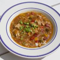 Chicken Andouille Gumbo- Bowl · Roasted chicken & andouille sausage gumbo, holy trinity, okra, slow dark roux, white rice