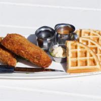 Fried Chicken & Waffles · crispy southern style pitman farm chicken, belgian waffle, vermont maple syrup, whipped hone...