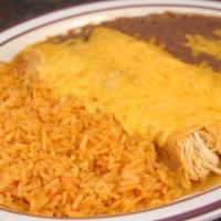 #11 Chicken Enchiladas · Chicken Only. Served with red sauce and cheese and a side of rice and beans.